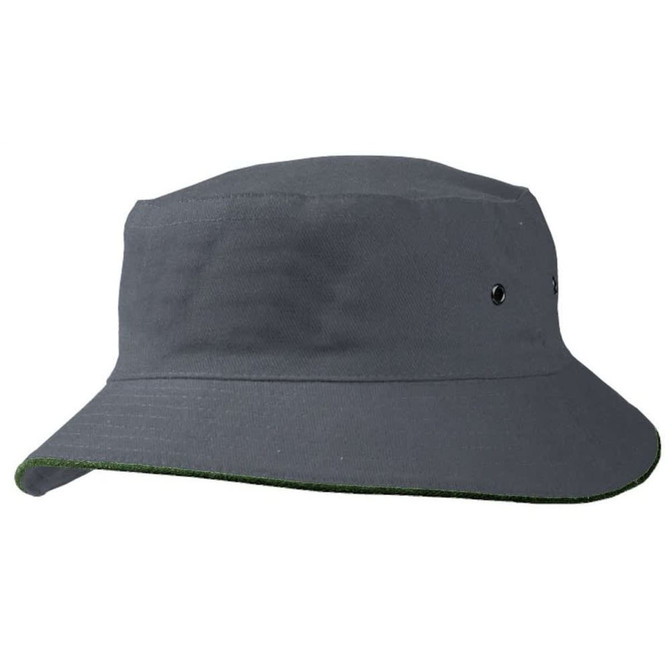 A grey bucket hat with a wide brim and eyelets, featuring a green underside. It has a simple design and a logo.