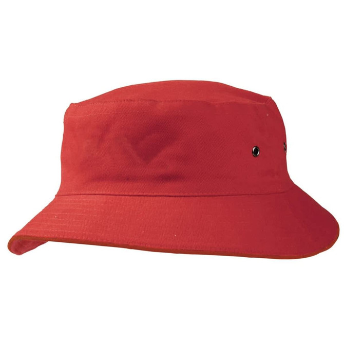 A red bucket hat with a wide brim and eyelets for ventilation. The hat features a simple design and has a logo.
