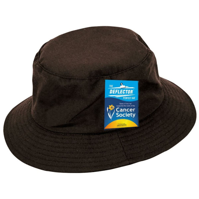 A dark brown bucket hat with a textured brim and a branding tag attached.