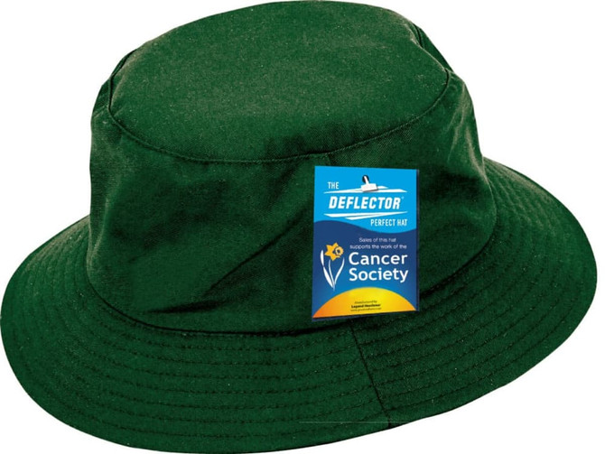 A green bucket hat featuring a wide brim and a logo. The hat is part of the Deflector Perfect Hat range.