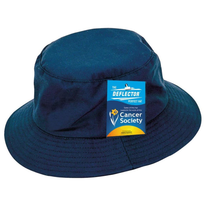 A navy blue bucket hat with a simple design and a logo on a tag.