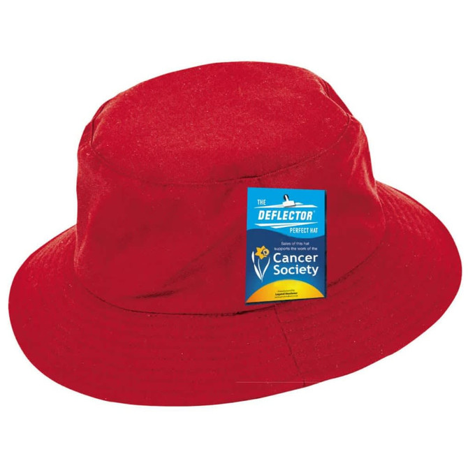 A red bucket hat with a wide brim and a tag featuring a logo.