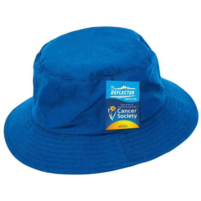 A blue bucket hat featuring a logo and a tag for the Cancer Society.