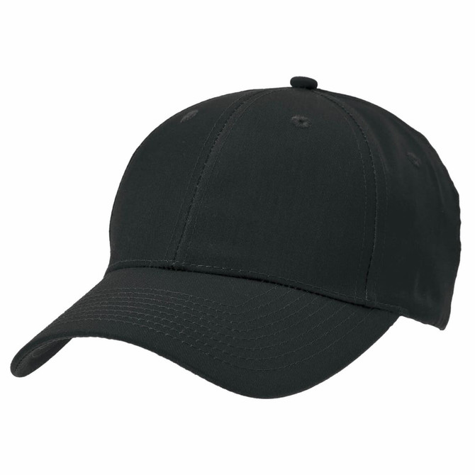 A black Poly Viscose Cap with a curved brim and a logo on the side.
