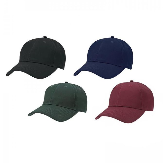 A collection of four caps in dark green, navy blue, and burgundy, each with a logo on the front.