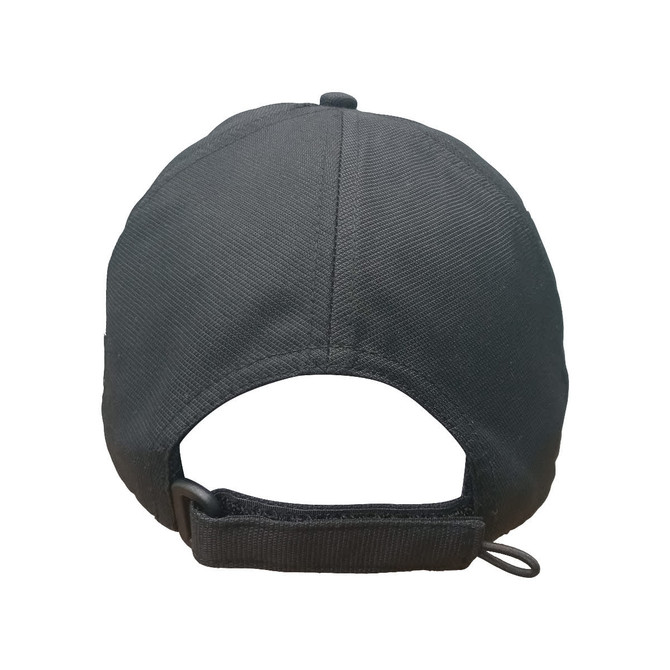 A black cap featuring an adjustable strap and a logo on the back. The fabric has a textured finish.