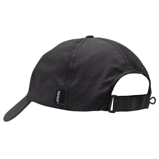 A black cap with a curved brim, featuring a branding label and an adjustable strap at the back.