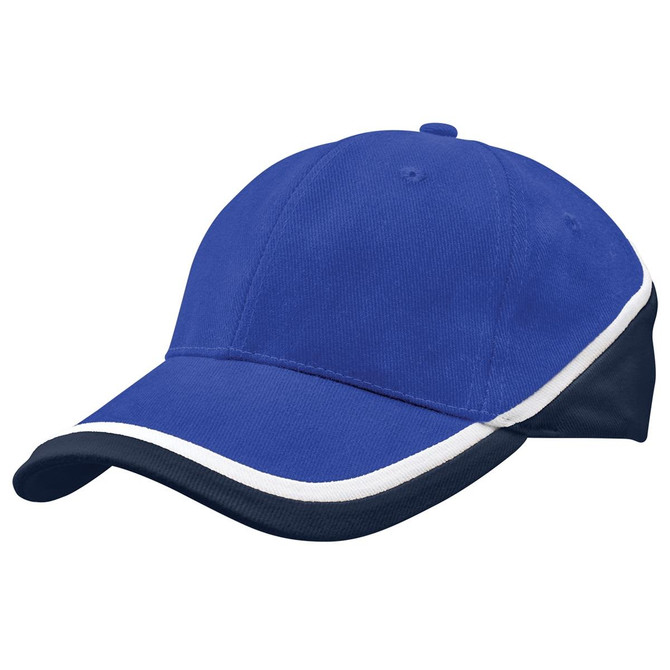 A blue cap with a navy accent and white trim, featuring a logo on the front.