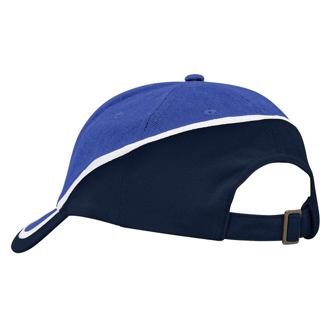 A cap featuring a blue and navy design with an adjustable strap at the back and a logo on the side.