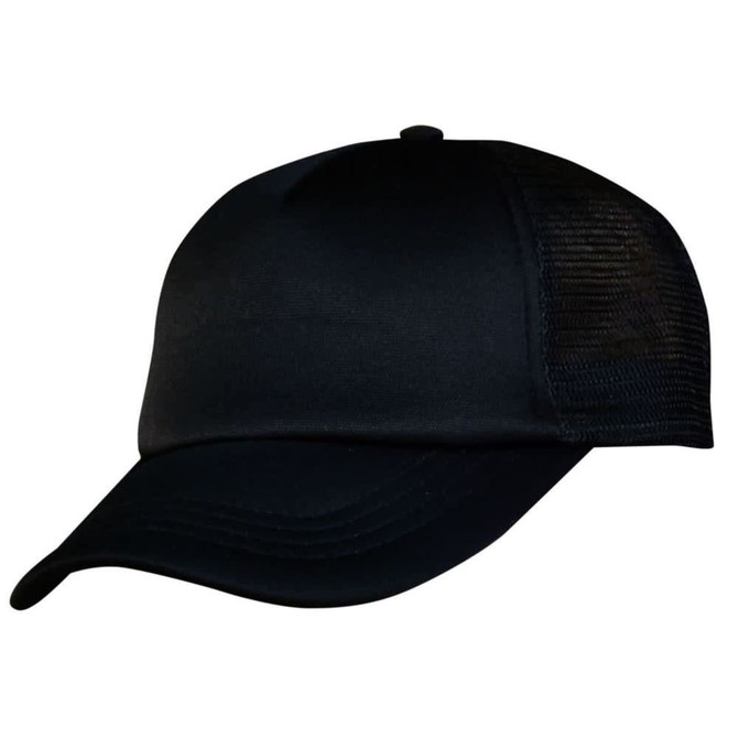 A black trucker cap featuring a solid front and mesh side panels, including a logo on the front.