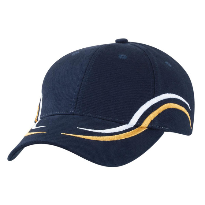 A cap featuring navy, white, and yellow accents, with an embroidered logo on the front.