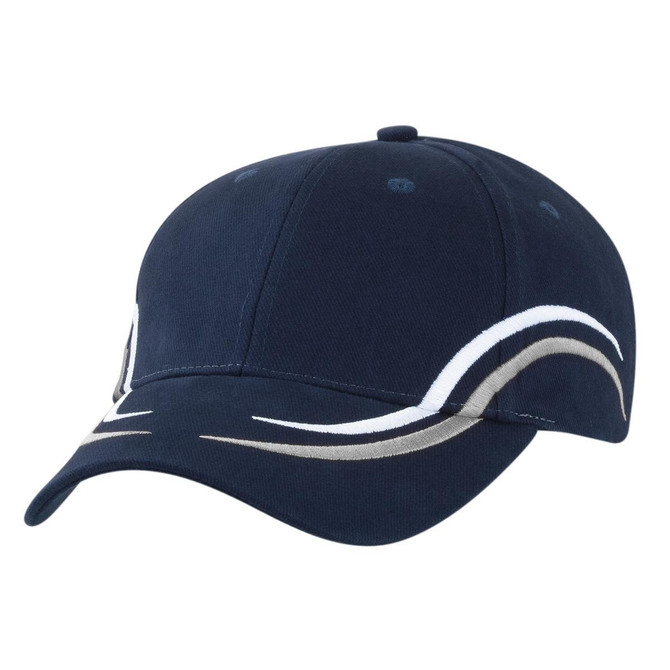 A grey, white, and black cap featuring a logo and design elements.