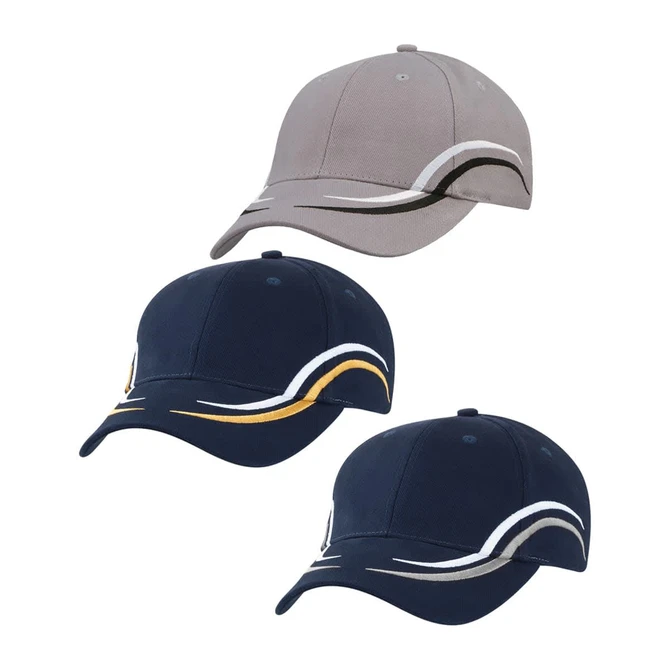 A collection of three caps: one grey and two navy blue, featuring curved designs and a logo.
