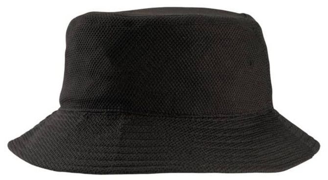A black mesh bucket hat with a wide brim and a textured surface, featuring a logo.
