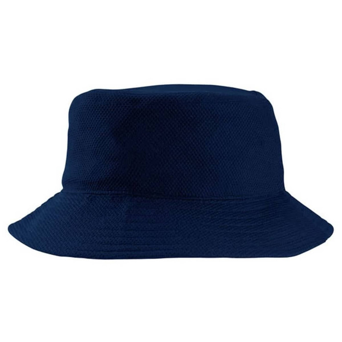 A navy blue mesh bucket hat with a wide brim and a textured finish, featuring a logo.