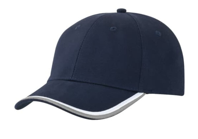 A navy cap with a contrasting trim and a logo on the front.