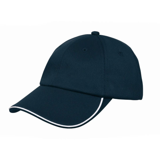 A navy cap with a curved brim and white piping, featuring a logo on the front.