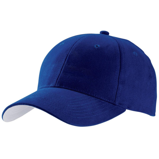 A blue cap featuring a curved brim and a structured crown. The cap includes a logo on the front.