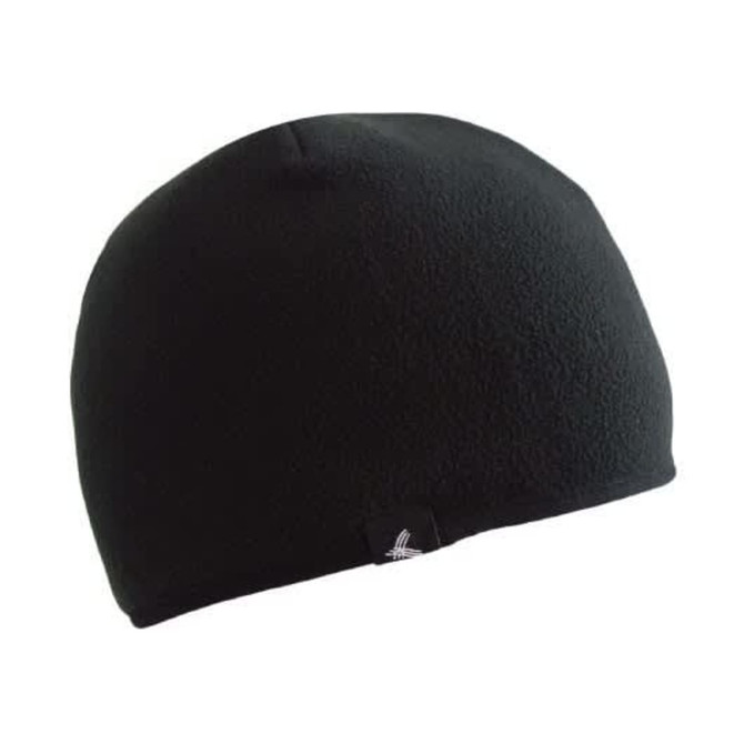A black thermal beanie featuring a branding logo. It's smooth and snug-fitting for warmth.