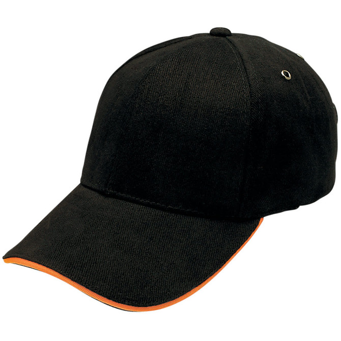 A black cap featuring an orange trim and a logo on the front. It has eyelets for ventilation.
