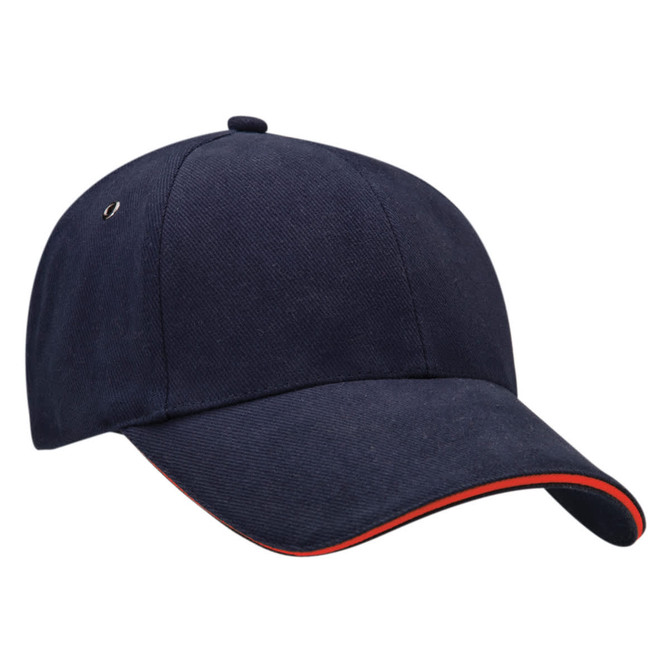 A navy cap with a contrasting red peak and a small logo on the side.