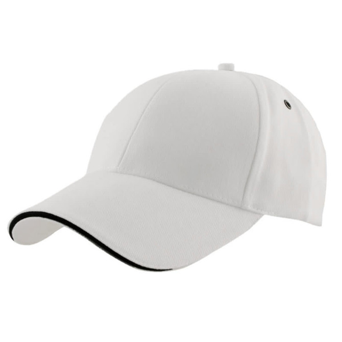 A white cap with a black brim and a logo on the side. Suitable for casual headwear.