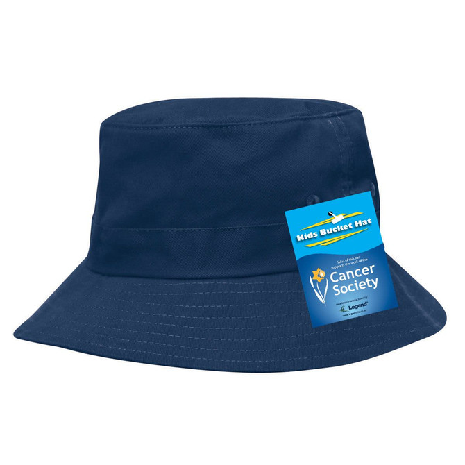 A navy blue kids bucket hat featuring a logo and a hang tag. The hat has a wide brim for sun protection.