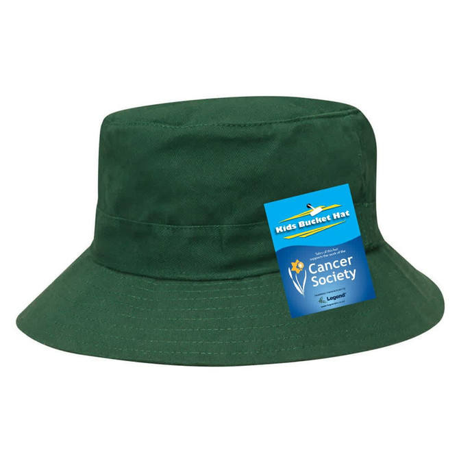 A green kids bucket hat featuring a wide brim and a logo on the side.