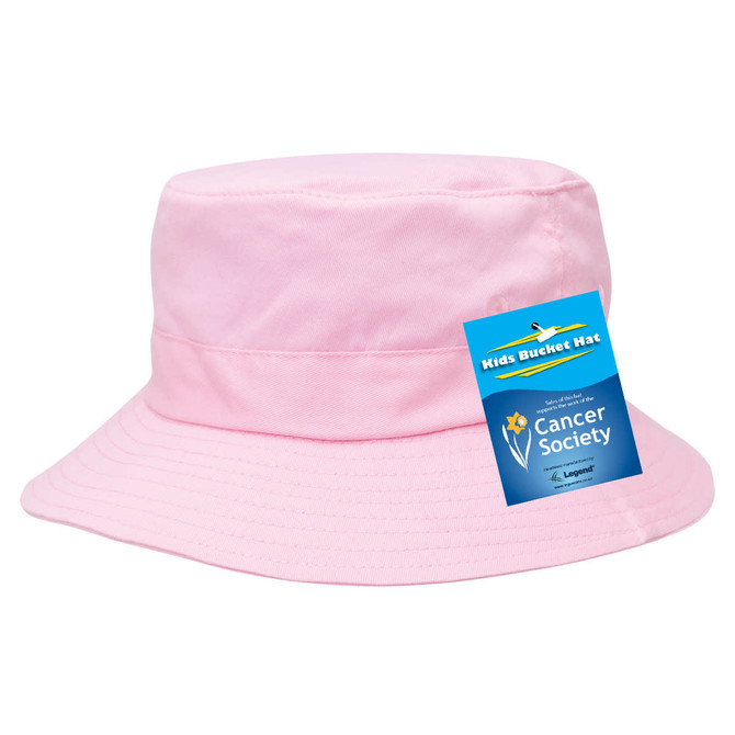 A pink bucket hat with a wide brim and a label featuring a logo. Suitable for children’s headwear.