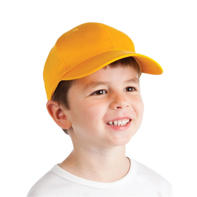A yellow kids' twill cap worn by a smiling child, featuring a classic cap design. The cap has a logo on it.