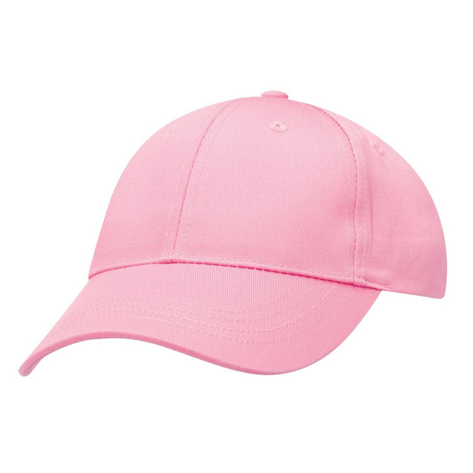 A pink twill cap featuring a smooth design and a branded logo. Ideal for kids’ headwear.