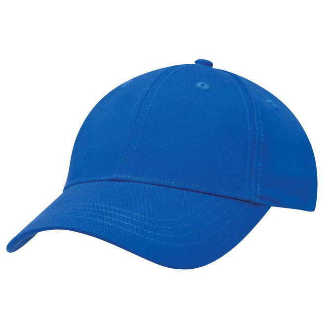 A blue kids' twill cap featuring a curved brim and adjustable strap. It has a logo on the front.