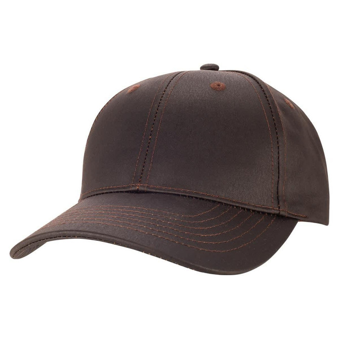 A brown cap made from oilskin material with stitching details and a curved brim, featuring a logo.