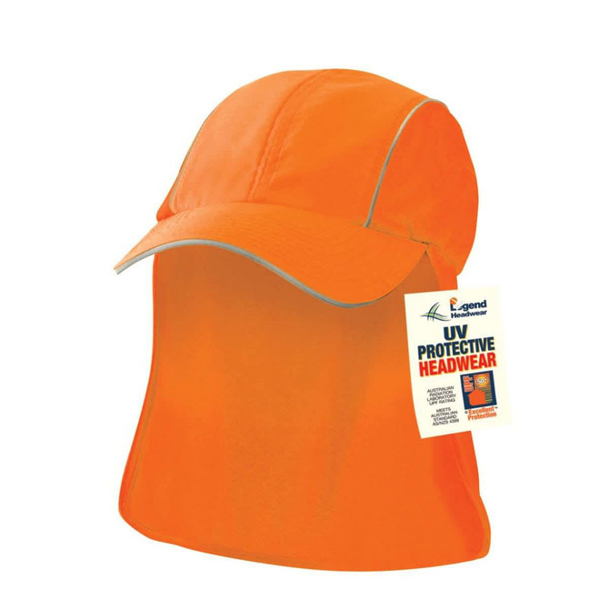 An orange protective cap with a wide brim and neck flap, featuring a logo and a tag.