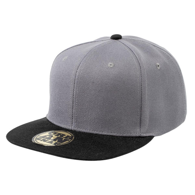 A grey snapback cap with a black peak, featuring a logo on the front panel.