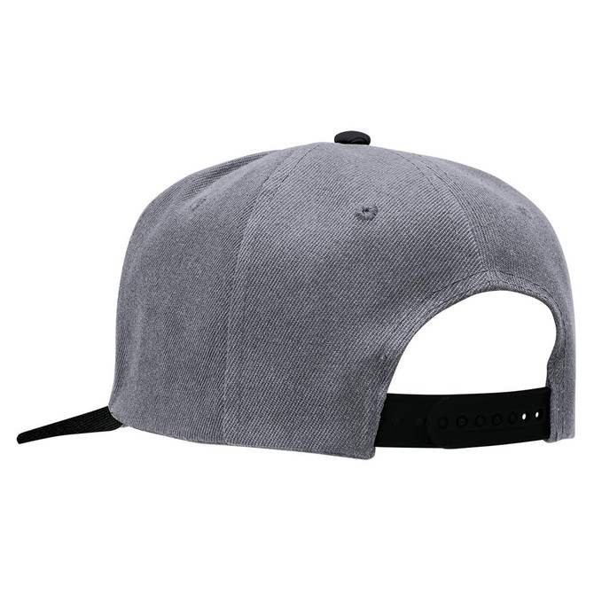 A grey snapback cap with a black adjustable strap and a logo on the back.