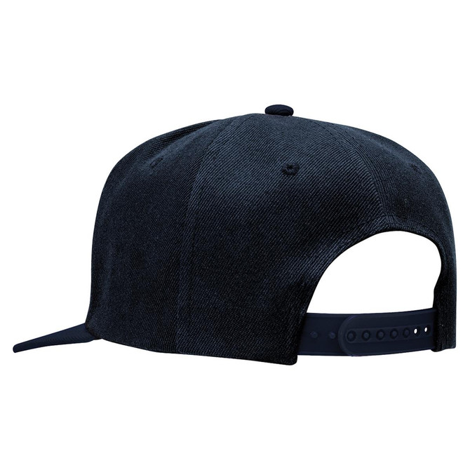 A black snapback cap with a textured fabric and an adjustable strap at the back. 