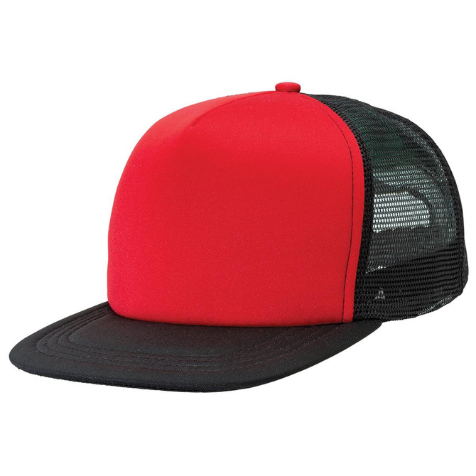 A red and black flat peak trucker cap with a mesh back and a solid front panel, featuring a logo.