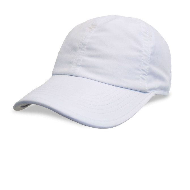 A white Superlite Cap featuring a curved brim and a structured design. It includes a logo.