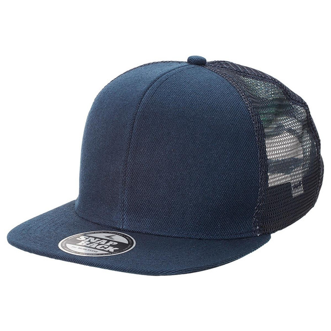A navy blue snapback cap with a mesh back and a branded patch on the front.