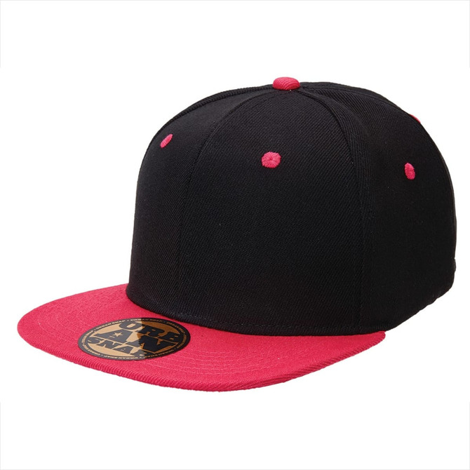 A black snapback cap with a vibrant red visor and button, featuring a logo on the front.