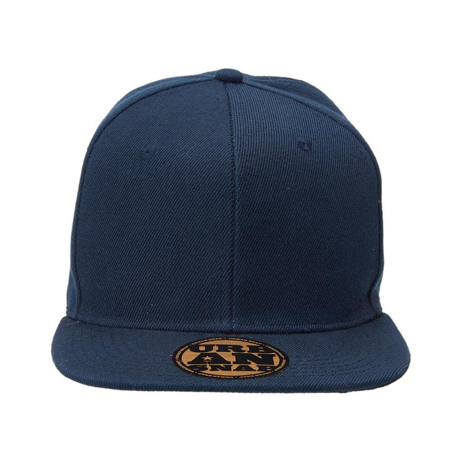 A navy blue snapback cap featuring a flat brim and a logo on the front.