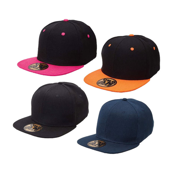 Four snapback caps displayed, featuring black fabric with pink, orange, and navy brims. Each has a logo.