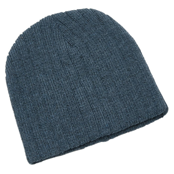 A blue cable knit beanie with a textured finish, featuring a folded hem and a branding logo.