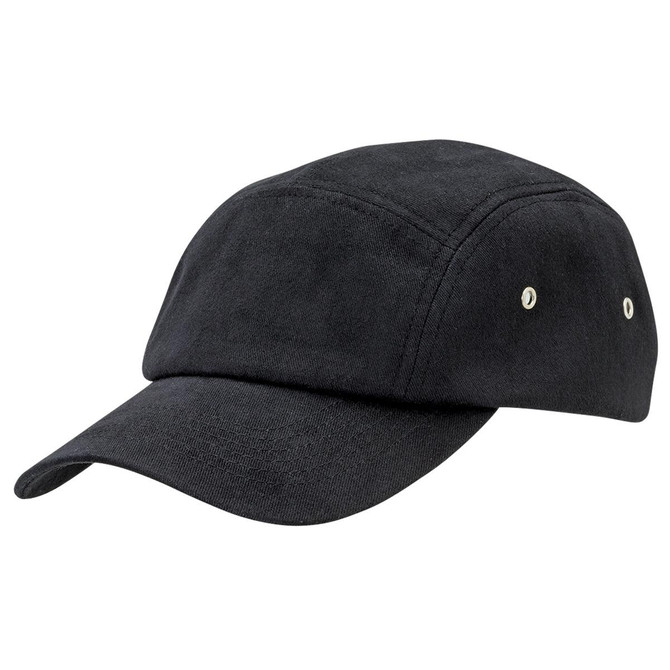 A black cap featuring a curved brim and metal eyelets for ventilation. It includes a logo on the side.