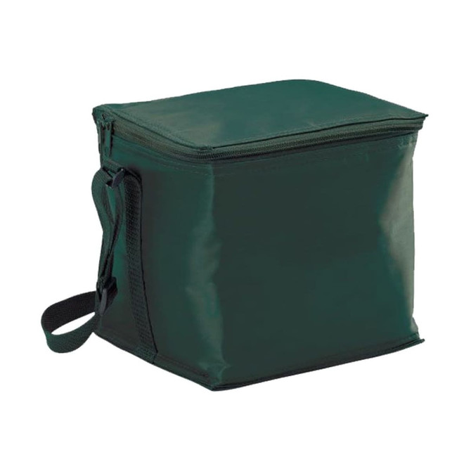 A small, dark green cooler bag with a zippered closure and a carrying strap. It has a simple design and a logo.