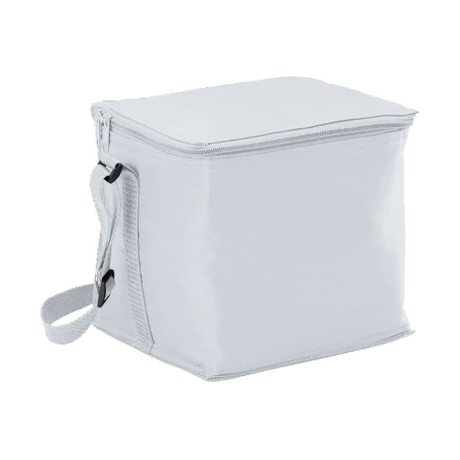 A white cooler bag with a zipper, featuring a handle and a simple design. It has one branding logo on it.