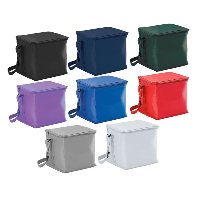A small cooler bag displayed in various colours: black, navy, green, purple, blue, red, grey, and white. Each bag has a handle and a logo.