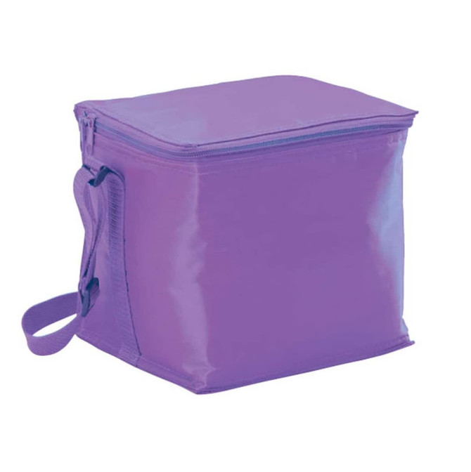 A square purple cooler bag with a zip closure and a carrying strap. It features a logo on the front.