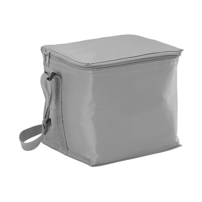 A grey cooler bag with a zip closure and a carrying strap. It has a simple design and includes a logo.